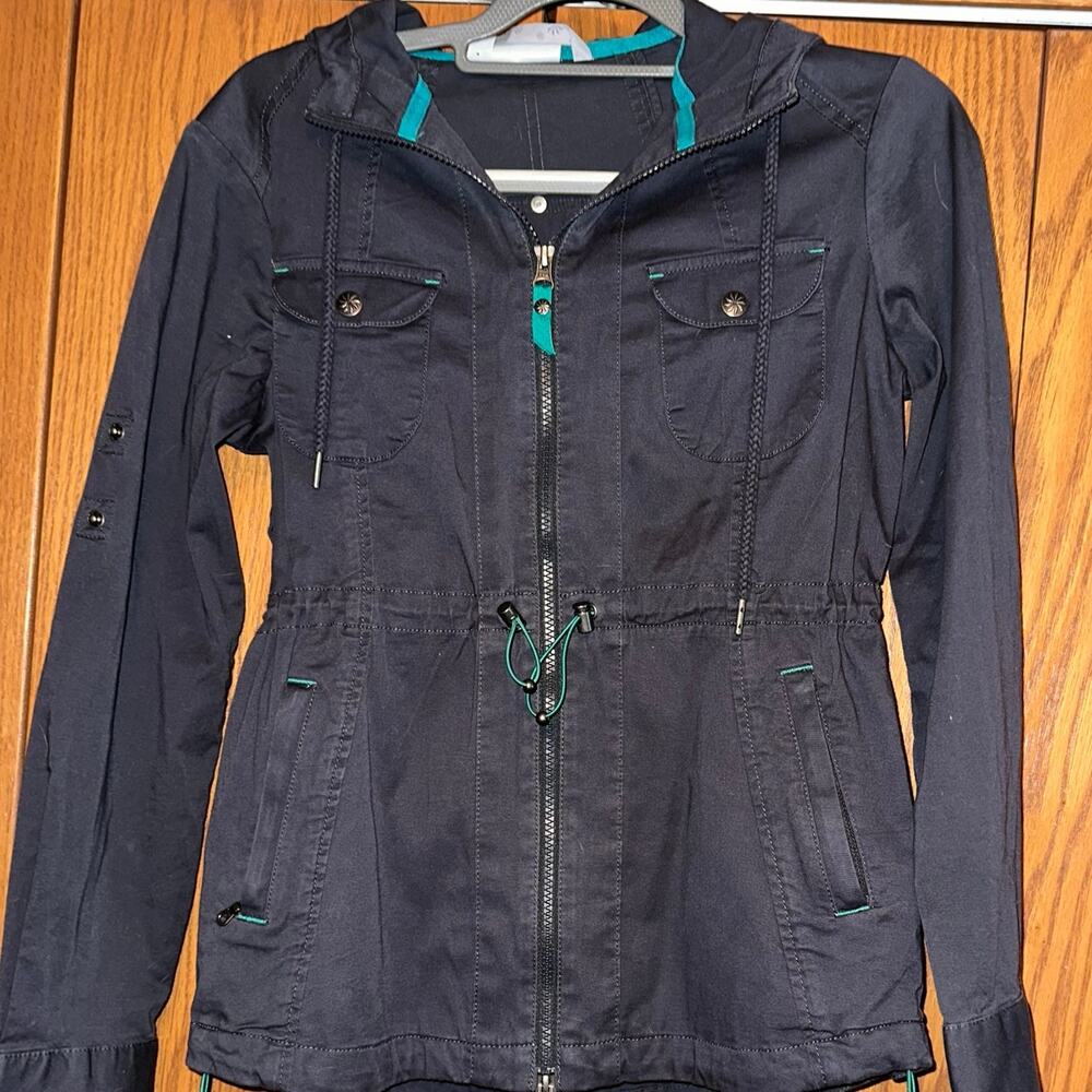 Athleta Womens Anorak Jacket Gray Zip Hooded Pockets Drawstring Waist Stretch XS